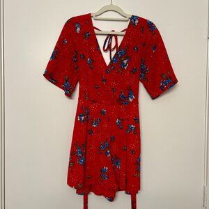 Red and Bluue Floral V-Neck Romper with Tie-Back
